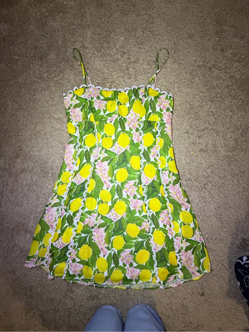 Lemon Print Spaghetti-Strap Mini Dress - Yellow & Green